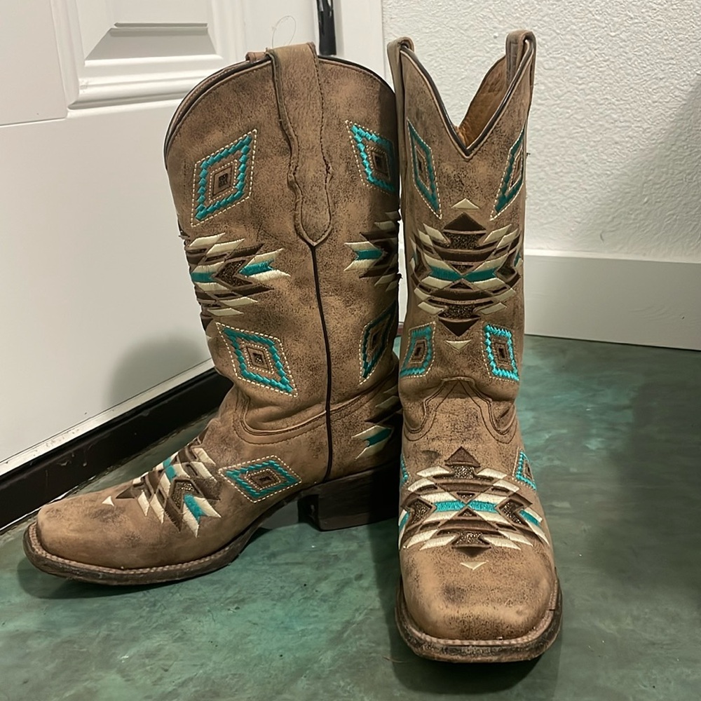 Corral Brown Suede Kids Boots with Turquoise Embroidery